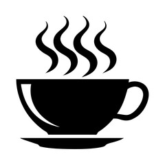 Simple black silhouette of a steaming cup of coffee or tea on a saucer isolated on white background isolated on transparent background