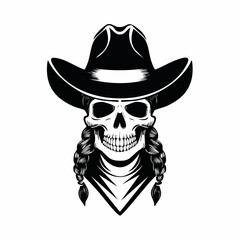Skull Cowboy Sheriff Illustration Western Outlaw Theme in Black and White image isolated on white background.