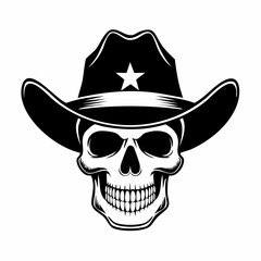 Skull Cowboy Sheriff Illustration Western Outlaw Theme in Black and White image isolated on white background.