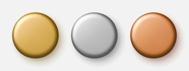 Set of glossy 3D round badges in metallic colors. Gold, silver, and bronze shiny medal icons. Vector illustration