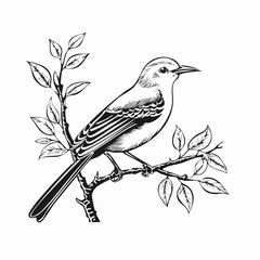 Black and white Northern Mockingbird Sitting In Tree image vector isolated on white background.