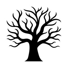 Stylized black bare tree silhouette with intricate branching patterns isolated on white background isolated on transparent background
