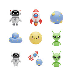 Obraz premium Cute cartoon space icons with astronauts aliens rockets and planets collection.