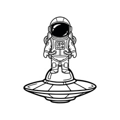 Astronaut standing on flying UFO in simple cartoon black and white space adventure art. Vector Illustration