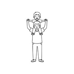 Dad giving child shoulder ride in minimalist line art style for family love and connection theme. Vector Illustration