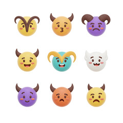 Obraz premium Set of colorful devil emojis showing diverse facial expressions on transparent background.