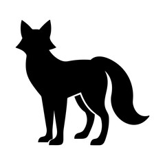 A striking black silhouette of a fox standing alertly with its bushy tail held high isolated on white background isolated on transparent background