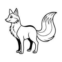 Obraz premium Stylized black and white line art illustration of a cartoon fox with a bushy tail standing alert on a white background isolated on white background isolated on transparent background