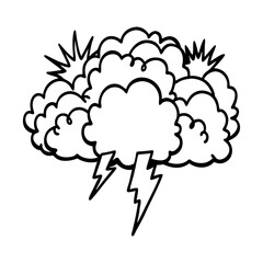 Stylized black outline drawing of stormy clouds with lightning bolts and starbursts isolated on white background isolated on transparent background