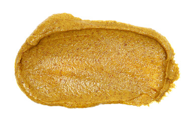 Mustard sauce, spread isolated on white background, top view	