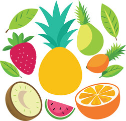 Vibrant tropical fruit icons including pineapple mango and coconut perfect for healthy lifestyle and food related designs isolated on white background isolated on transparent background
