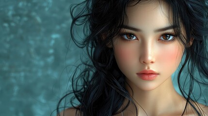 Naklejka premium A realistically beautiful girl of Asian nationality with black hair.