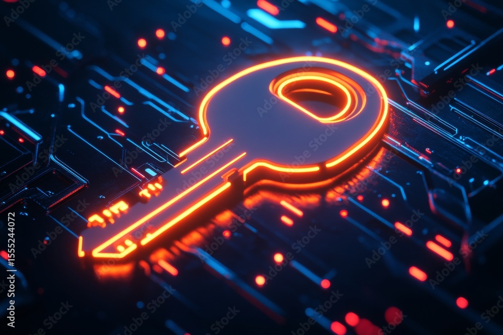 Poster a glowing key shines with neon lights in a dark sci-fi setting, symbolizing access to technology and