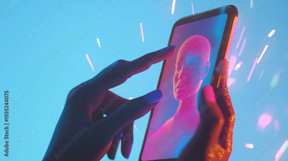 Poster hands interacting with a digital representation of a face on a tablet.