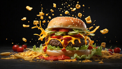 Big Juicy Burger on Serving Station in Restaurant Kitchen