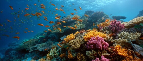 Naklejka premium A vibrant underwater coral reef teeming with colorful fish, offering a glimpse into the mesmerizing beauty of marine life beneath the sea.
