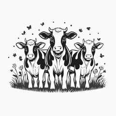 Four adorable calves standing in a grassy field image vector isolated on white background.