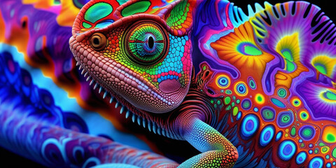 Vibrant chameleon with colorful patterns and textures