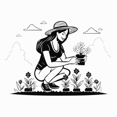 Gardener woman planting flowers in the garden image vector on white background.