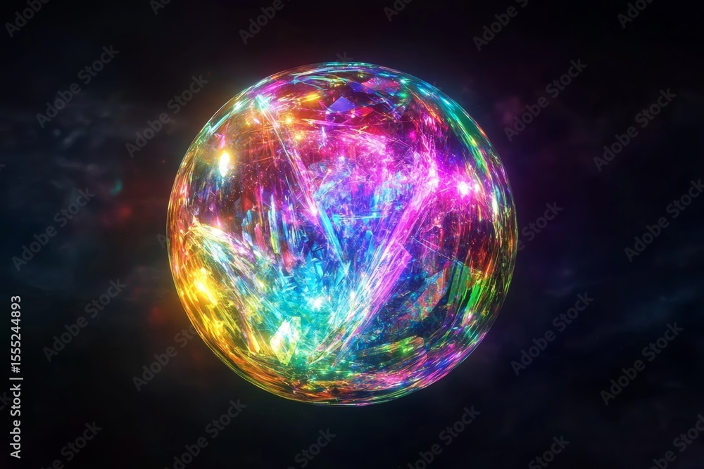 Poster a luminous crystal orb hovers in the darkness, radiating a spectrum of vibrant colors. the intricate