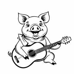 Pig Playing Guitar Vectors. Pig Guitar Stock Illustration on white background.