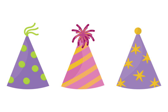 Party hats icon vector set. Birthday party hats on a white background. Hand drawn cone hats, stars, stripes, dots.