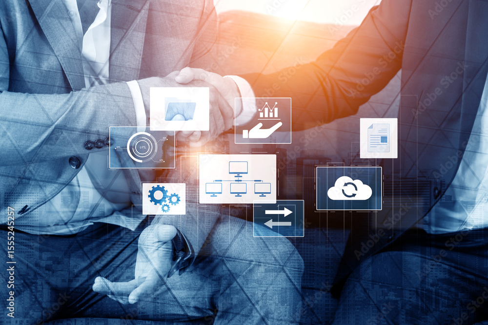Poster digital business infrastructure with data system, analytics, sync. system management improves access