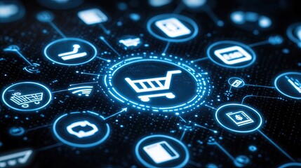 Digital shopping interface with interconnected icons.