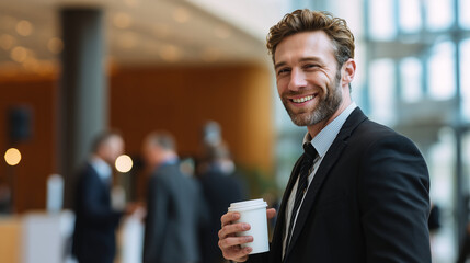 Businessman networking in the conference lobby with coffee in hand, business man, photo style