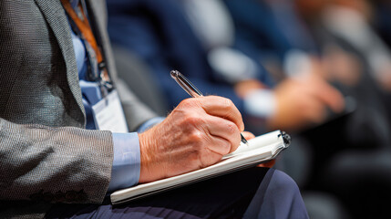 Close-up of a businessman taking notes during a conference session, business man, photo style