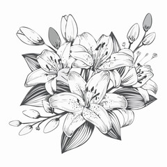 Lily flowers branch with flowers and buds vector illustration on white background