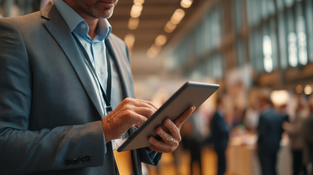 Businessman checking his schedule on a tablet at a conference booth, business man, photo style - Powered by Adobe