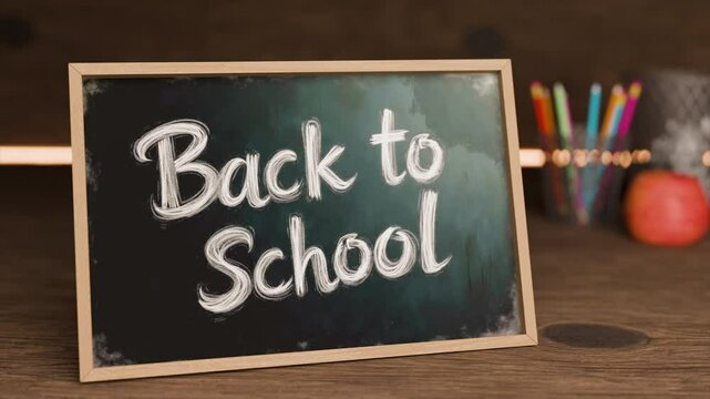 Back to school chalkboard sign with colorful pencils and apple in cozy classroom setting
