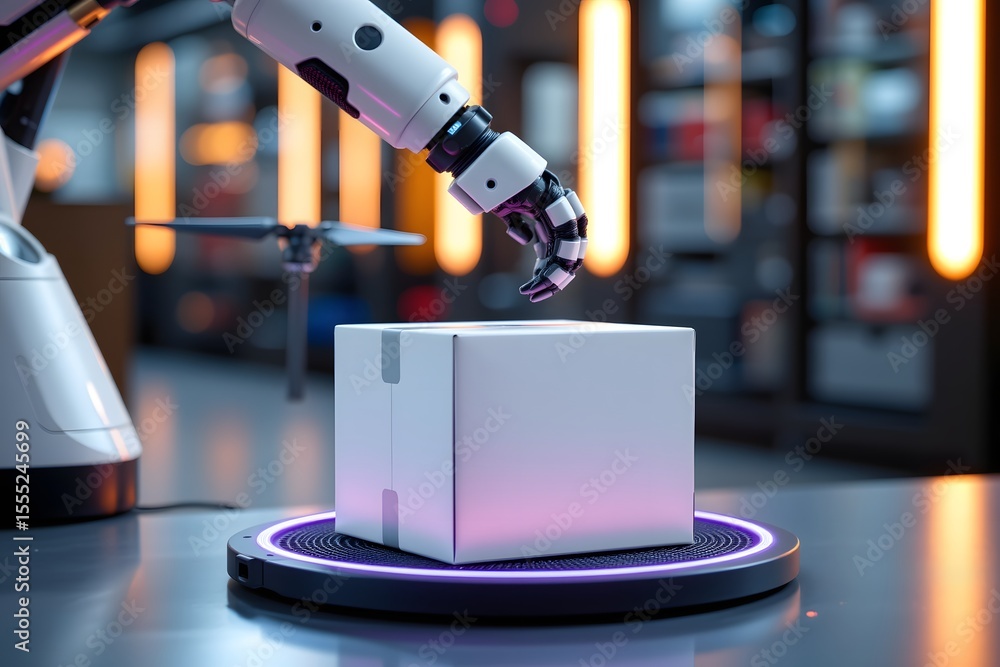 Poster robotic precision in delivery: a robotic arm gently places a package onto a rotating platform within