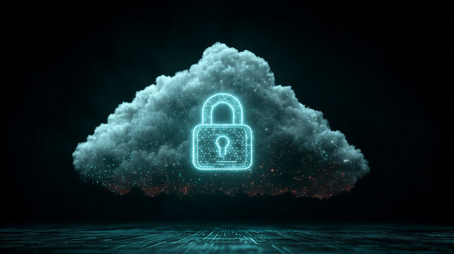 Cloud data protected by a glowing digital padlock, Cybersecurity, vector style