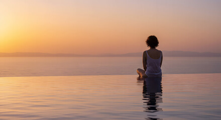 Fototapeta premium silhouette of a woman on the beach on the pool lux hotel pool, sunset 