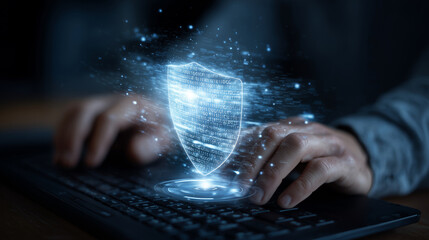 Man typing on keyboard with digital shield hologram above, Cybersecurity, photo style
