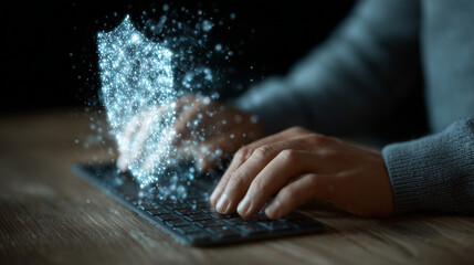 Man typing on keyboard with digital shield hologram above, Cybersecurity, photo style