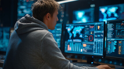 Cybersecurity analyst checking threat reports on dashboard screens, Cybersecurity, photo style