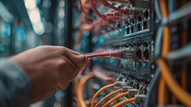 Engineer plugging cable into a secure server rack, Cybersecurity, photo style