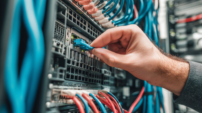 Engineer plugging cable into a secure server rack, Cybersecurity, photo style