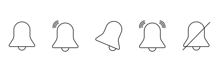 Set of bell icons in different notification states including mute, ringing, and alert. Minimalist line style vector symbols. Interface and mobile app UI design concept. Template for design and print