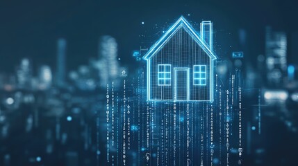 Digital house icon over a blurred cityscape.