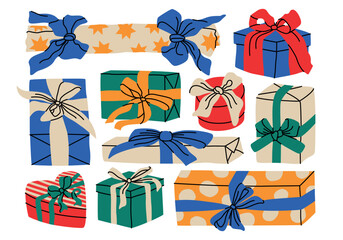 Christmas gift box, wrapped present box with ribbon set. Hand drawn modern flat illustration in retro cartoon. Party decoration, present, postcard, New Year celebration, Birthday, invitation concept.