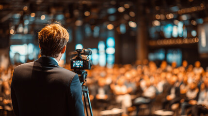 Businessman livestreaming the event for his audience, business man, photo style