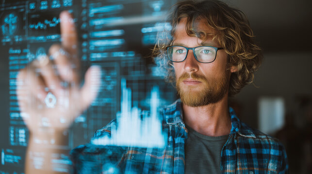 IT specialist analyzing data on a futuristic transparent screen, IT, photo style - Powered by Adobe