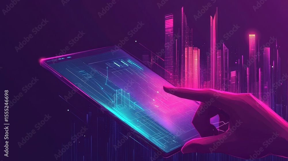 Poster a hand interacts with a glowing smartphone displaying data visualizations.