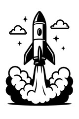 Fototapeta premium Powerful Black and White Space Rocket Launch with Smoke Clouds and Stars Vector