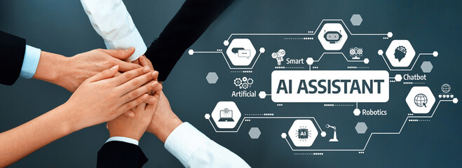 A diverse team collaborates to embrace the future of technology with AI assistants. This image represents teamwork and innovation in artificial intelligence solutions. Amity