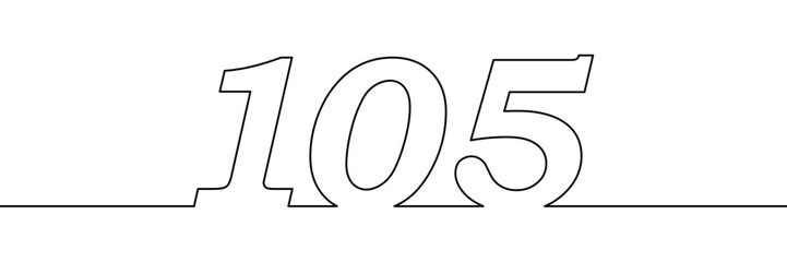 Number 105 drawn in continuous single line style. Minimalist contour numeric illustration. Anniversary, milestone, and birthday concept. Template element for design and print